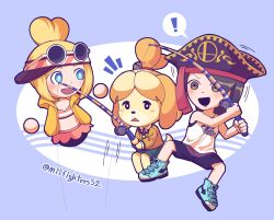  ! 3girls :d :o animal_crossing animal_ears animal_nose artist_name bandana bell bikini bikini_skirt bikini_top_only bikini_under_clothes black_eyes black_hair black_shorts blonde_hair blue_background blue_eyes blue_skirt blush blush_stickers bright_pupils brown_eyes brown_hair brown_jacket chibi commentary_request copella_(surechigai_fishing) crossover dog_ears dog_girl dog_tail double_bun eyewear_on_head fishing fishing_rod flat_chest full_body furry furry_female green_skirt hair_bell hair_bun hair_ornament hair_tie happy hat headband highres holding hood hood_down hooded_jacket hoodie in-franchise_crossover isabelle_(animal_crossing) jacket jingle_bell korean_commentary long_sleeves looking_at_another mii_(nintendo) mii_gunner mii_gunner_(smash_ultimate) mii_plaza miifighterss2 motion_lines multiple_girls neck_ribbon nintendo notice_lines office_lady official_alternate_costume open_clothes open_jacket open_mouth parted_bangs pirate_hat rayman_limbs red_ribbon ribbon round_eyewear shirt shoes short_hair shorts simple_background single_hair_bun sitting skirt sleeveless sleeveless_shirt smile sneakers speech_bubble spoken_exclamation_mark squatting striped_bikini striped_clothes sunglasses super_smash_bros. surechigai_fishing surprised swimsuit tail tank_top teaching topknot triangle_mouth twitter_username visor_cap white_pupils white_shirt white_tank_top yellow_jacket 
