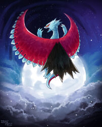  above_clouds animal_focus artist_name clouds colored_sclera commentary dragon english_commentary flying full_moon highres imazartz looking_back moon night no_humans non-web_source open_mouth outdoors pokemon pokemon_(creature) pokemon_focus red_eyes roaring_moon sharp_teeth sky star_(sky) starry_sky teeth v-shaped_eyes yellow_sclera 