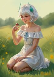  1girl :d absurdres antennae artist_name blue_ribbon blurry blurry_background bob_cut breasts bug crossed_bangs double-parted_bangs dress ellie_minibot flower frilled_dress frills full_body hair_between_eyes hair_ornament hairclip hand_on_lap highres indie_virtual_youtuber ladybug ladybug_on_finger looking_at_animal neck_ribbon off-shoulder_dress off_shoulder on_grass open_mouth outdoors parallel_hairclips red_eyes ribbon robot seiza short_dress short_hair short_sleeves sitting sky small_breasts smile solo sulwyn_vt teeth upper_teeth_only virtual_youtuber white_dress white_hair yellow_flower 