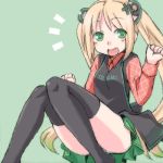  1girl blonde_hair character_request green_eyes long_hair lowres open_mouth original panties personification plaid simple_background sitting skirt smile solo soratobu_zippo tartan thigh-highs thighhighs tsukumo-tan twintails underwear wink 