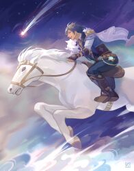  1boy animal black_background black_shirt blue_eyes blue_hair bridle comet commentary dark-skinned_male dark_skin driftwoodwolf earrings english_commentary fur_scarf genshin_impact gold_trim holding holding_reins horse jewelry kaeya_(genshin_impact) looking_at_viewer male_focus ponytail reins shirt smile star_(sky) stirrups_(riding) teeth vision_(genshin_impact) white_horse 