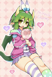  1girl :o asymmetrical_legwear blue_bow blue_jacket blue_ribbon blue_socks blush bow brown_eyes character-themed_food character_name character_print collar commentary_request cotton_candy draco_centauros draco_centauros_(miracle_charmy) dragon_girl dragon_horns dragon_tail dragon_wings english_text fang feet_out_of_frame food gradient_clothes gradient_jacket gradient_socks green_hair green_jacket green_socks hair_between_eyes hair_ornament hair_ribbon hairband heart heart_hair_ornament holding holding_cotton_candy holding_food horns jacket kneehighs kurokogeee long_sleeves looking_at_viewer mismatched_legwear neckerchief official_alternate_costume open_mouth orange_background outline patterned_background pink_bow pink_hairband pink_jacket pink_neckerchief pleated_skirt pointy_ears polka_dot polka_dot_jacket polka_dot_socks purple_collar purple_ribbon purple_skirt purple_thighhighs puyo_(puyopuyo) puyopuyo puyopuyo_quest ribbon shirt shirt_bow short_hair sitting skirt socks solo star_(symbol) striped_clothes striped_ribbon striped_thighhighs tail thick_thighs thigh-highs thigh_bow thigh_strap thighs two-sided_fabric two-sided_jacket white_jacket white_outline white_shirt white_socks white_straps white_trim wings yellow_ribbon yellow_thighhighs 