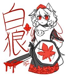  :< animal_ears black_skirt blood burned_iced closed_mouth commentary english_commentary hat highres holding holding_shield holding_sword holding_weapon inubashiri_momiji leaf leaf_print looking_at_viewer maple_leaf pom_pom_(clothes) red_eyes red_hat red_skirt shield signature simple_background skirt sword tokin_hat touhou two-tone_skirt v-shaped_eyebrows weapon white_background wolf_ears wolf_girl 