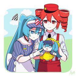  2girls black_necktie blue_eyes blue_hair carhop character_doll commentary_request doll dress drill_hair hat hatsune_miku kasane_teto kepi mesmerizer_(vocaloid) military_hat multiple_girls necktie pants red_eyes red_hair red_pants sato_(r017xts117) smiley_hat_ornament striped_clothes striped_dress suspenders synthesizer_v twin_drills twintails visor_cap waitress wrist_cuffs 