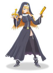  1girl angelica_amadeus asymmetrical_dual_wielding belt black_boots black_dress black_thighhighs black_veil blonde_hair blue_eyes boots breasts commentary cross dagger desert_eagle detached_sleeves dress drop_shadow dual_wielding english_commentary evil_smile explosive golden_gun grenade gun guns_and_nuns:_storming_hell handgun highres holding holding_grenade holy_hand_grenade knife large_breasts official_art rm120 smile thigh-highs veil weapon white_background 