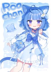  1girl :d ahoge animal_ears blue_background blue_bow blue_bowtie blue_choker blue_hair blunt_bangs blush border bow bowtie cat_ears cat_girl cat_tail character_name choker cloud_hair_ornament collarbone commentary_request cross-laced_clothes cross-laced_sleeves double_bun dress fang feet_out_of_frame frilled_dress frilled_sailor_collar frills hair_bow hair_bun hair_intakes hair_ornament hand_up highres indie_virtual_youtuber kurageu_roa long_sleeves looking_at_viewer noi_mine open_mouth outside_border sailor_collar sailor_dress short_hair skin_fang smile solo standing tail twitter_username violet_eyes virtual_youtuber white_border white_dress white_sailor_collar wide_sleeves x_hair_ornament 