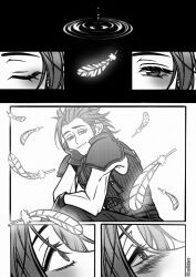  1boy 1girl aerith_gainsborough armor blush closed_mouth commentary earrings elbow_rest english_commentary falling_feathers feathers final_fantasy final_fantasy_vii final_fantasy_vii_remake gloves greyscale highres jewelry monochrome outside_border ribbed_sweater seilidare shoulder_armor sleeveless sleeveless_turtleneck spiky_hair stud_earrings sweater turtleneck turtleneck_sweater twitter_username waking_up water_drop white_feathers zack_fair 