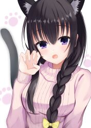  1girl :o absurdres animal_ear_fluff animal_ears black_hair blush bow braid breasts casual cat_ears cat_tail claw_pose commentary eyelashes fake_animal_ears fake_tail hair_between_eyes hair_bow hand_up highres kiki0319i large_breasts long_hair long_sleeves looking_at_viewer nail_polish nijouin_hazuki official_alternate_costume official_alternate_hairstyle open_mouth paw_print pink_sweater purple_nails ribbed_sweater riddle_joker sidelocks simple_background single_braid solo sweater tail tail_raised turtleneck turtleneck_sweater upper_body very_long_hair violet_eyes white_background yellow_bow 