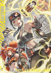  2boys 2girls absurdres ahoge animal_ears anton_ivanov bare_shoulders bear_boy bear_ears ben_bigger black_gloves black_hair black_shirt breasts choker crop_top eyepatch fake_animal_ears fingerless_gloves furry furry_male gloves goggles goggles_on_head grace_howard hair_between_eyes hair_ornament highres holding jacket koleda_belobog large_breasts long_hair looking_at_viewer multicolored_hair multiple_boys multiple_girls navel open_mouth orange_eyes original pants red_eyes red_hair scar scar_across_eye scar_on_face shirt smile sphere_hair_ornament sports_bra streaked_hair twintails yuu_(yuyukaikan) zenless_zone_zero 