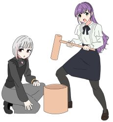  2girls :d black_pantyhose black_ribbon black_shoes black_skirt black_sweater black_vest braid brown_shoes commentary_request crown_braid earrings frilled_shirt frills full_body green_eyes grey_hair grey_pants highres holding holding_mallet jewelry kine link!_like!_love_live! llkapital long_hair long_sleeves love_live! mallet medium_skirt mortar_(bowl) multicolored_hair multiple_girls neck_ribbon on_one_knee open_mouth otomune_kozue otomune_kozue_(post-graduation) pants pantyhose purple_hair red_hair ribbon shirt shoes sidelocks simple_background skirt smile standing streaked_hair sweater turtleneck turtleneck_sweater vest virtual_youtuber white_background white_shirt yugiri_tsuzuri yugiri_tsuzuri_(post-graduation) 
