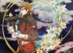  1boy brown_hair closed_mouth commentary_request copyright_name final_fantasy final_fantasy_xiv flower goggles harp holding_harp hyur instrument jewelry lily_(flower) male_focus multiple_rings ring ruka_(blueplus84) short_hair silver_ring smile solo twitter_username wandering_minstrel white_flower yellow_eyes 