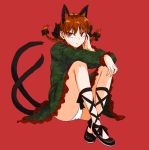  animal_ears braid cat_ears cat_tail cross-laced_footwear extra_ears eyeshadow face frown hands kaenbyou_rin leg_ribbon makeup multiple_tails no_socks panties red_background red_eyes red_hair redhead short_hair simple_background sitting solo tail touhou tsurime tsurui twin_braids twintails underwear white_panties 