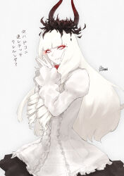  1girl absurdres abyssal_ship black_skirt blunt_bangs center_frills colored_skin cowboy_shot drill_hair drill_sidelocks frills glowing glowing_eyes hair_ornament highres juliet_sleeves kantai_collection long_hair long_sleeves looking_at_viewer lycoris_princess neck_flower own_hands_together parted_lips puffy_sleeves red_eyes shirt shushan sidelocks skirt smile solo translation_request very_long_hair white_hair white_shirt white_skin 