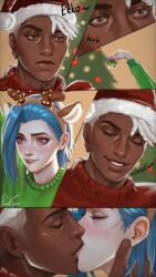  1boy 1girl absurdres arcane:_league_of_legends blue_hair blush christmas christmas_lights christmas_present couple dark-skinned_male dark_skin ekko_(league_of_legends) gift happy_new_year hat hetero highres holly jinx_(league_of_legends) kiss league_of_legends panditati santa_hat sweater white_hair 