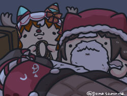 ._. antlers bed bow brown_hair closed_mouth ears_through_headwear fake_antlers fake_beard fake_facial_hair fur-trimmed_headwear fur_trim goma_(gomasamune) grey_background hat highres hokko_tarumae_(umamusume) holding holding_rope holding_sack horns long_hair multicolored_hair nose_bubble pillow red_bow red_hat red_nose reindeer_antlers rope sack santa_hat simple_background sleeping solid_oval_eyes still_in_love_(umamusume) striped_bow twitter_username two-tone_hair umamusume under_covers veil white_hair 