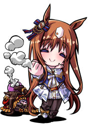  2girls absurdres animal_ears armband asymmetrical_footwear black_pantyhose black_thighhighs blue_jacket blush bow brown_hair clenched_hand closed_eyes closed_mouth coat crossed_bandaids dress ear_bow ear_ribbon el_condor_pasa_(el_numero_1)_(umamusume) el_condor_pasa_(umamusume) grass_wonder_(stone-piercing_blue)_(umamusume) grass_wonder_(umamusume) head_bump highres horse_ears horse_girl horse_tail jacket long_hair long_sleeves mismatched_footwear multicolored_hair multiple_girls pantyhose ponytail red_armband red_jacket sailor_collar senomoto_hisashi simple_background skirt smile tail thigh-highs umamusume white_background white_dress white_hair 