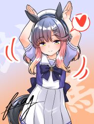  1girl absurdres alternate_costume animal_ears arm_up black_hairband chinese_zodiac commentary_request cosplay fake_animal_ears fake_tail flat_chest furaggu_(frag_0416) gradient_hair hairband hat heart highres horse_ears horse_tail kantai_collection long_hair long_skirt looking_at_viewer multicolored_hair orange_hair pleated_skirt purple_hair purple_serafuku purple_shirt sailor_collar sailor_shirt school_uniform serafuku shirt sidelocks skirt smile solo speech_bubble spoken_heart tail tracen_school_uniform tsushima_(kancolle) umamusume violet_eyes white_hat white_skirt year_of_the_horse 