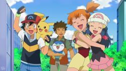 2boys 2girls ^_^ absurdres anime_coloring arm_up artist_name baseball_cap beanie black_gloves black_hair black_shirt black_vest blue_hair blue_pants blue_sky brown_hair brown_pants building clenched_hands closed_eyes clouds collared_shirt commentary_request cropped_jacket dark-skinned_male dark_skin day denim eyelashes fingerless_gloves gloves green_shirt hair_ornament hairclip hat highres holding holding_pokemon hug in-franchise_crossover jacket jeans long_hair lukas_thadeu multiple_boys multiple_girls official_style on_shoulder open_clothes open_mouth open_vest orange_hair orange_vest outdoors pants parody pink_scarf pink_skirt piplup pokemon pokemon_(anime) pokemon_(creature) pokemon_dppt_(anime) pokemon_on_shoulder pokemon_rse_(anime) poketch red_hat red_shirt scarf shirt short_hair shorts side_ponytail skirt sky sleeveless sleeveless_jacket sleeveless_shirt smile spiky_hair style_parody tree vest watch watch white_hat white_shirt yellow_jacket yellow_shorts 