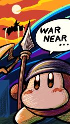  bandana bandana_waddle_dee blue_bandana blush_stickers colored_skin ddddndn floating_island highres holding holding_polearm holding_weapon kirby_(series) kirby_air_ride kirby_air_riders no_humans orange_skin polearm solo spear sunset weapon 