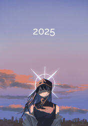  1girl 2025 absurdres baseball_cap black_hair black_hat black_shirt blue_archive clouds coat coat_partially_removed commentary expressionless grey_eyes halo hat highres kani_etizen03 long_hair purple_sky saori_(blue_archive) shirt sky skyline sleeveless sleeveless_shirt solo turtleneck twitter_username white_coat white_halo 