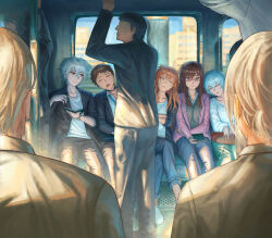  4girls 5boys absurdres ayanami_rei brown_hair cosplay evangelion:_3.0+1.0_thrice_upon_a_time glasses highres ikari_shinji long_hair makinami_mari_illustrious multiple_boys multiple_girls nagisa_kaworu neon_genesis_evangelion orange_hair rebuild_of_evangelion red_eyes short_hair sleeping souryuu_asuka_langley train_interior twckb watch white_hair 