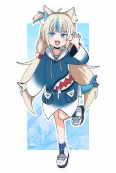  1girl :d ahoge animal_ear_fluff animal_ears artist_logo artist_name blonde_hair blue_background blue_eyes blue_hoodie blue_socks blue_streaks blush border cat_ears claw_pose collarbone commentary cosplay drawstring english_commentary fins fish_girl fish_tail flat_chest full_body gawr_gura gawr_gura_(1st_costume) gawr_gura_(cosplay) gradient_hoodie hair_ornament hand_up hanifanims highres hololive hololive_english hood hood_down hoodie indie_virtual_youtuber leg_up lifebuoy_hair_ornament logo long_hair long_sleeves looking_at_viewer low_twintails multicolored_hair open_mouth outline pocket print_hoodie sameko_saba shark_print shoes smile sneakers socks solo standing standing_on_one_leg streaked_hair tail teeth twintails two-tone_hoodie upper_teeth_only very_long_hair virtual_youtuber voice_actor_connection white_border white_hoodie white_outline white_shoes white_streaks wide_sleeves 