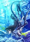  ass black_hair blue blue_skin bodypaint breasts diving facial_mark fins fish large_breasts long_hair monster_girl nude original parted_lips pink_eyes ponytail profile ran&#039;ou_(tamago_no_kimi) ranou red_eyes solo tail tattoo underwater very_long_hair water 