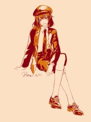  1girl absurdres aihara-rina chinese_commentary closed_mouth collared_shirt commentary_request dated flat_cap hat highres jacket kneehighs monochrome necktie no_wings official_alternate_costume open_clothes open_jacket orange_theme pointy_ears shameimaru_aya shameimaru_aya_(newsboy) shirt shoes shorts signature smile socks solo suit_jacket touhou 