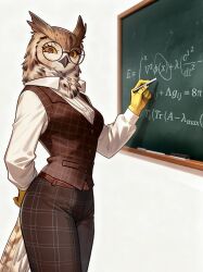  1girl beak bird_girl chalk chalkboard commentary english_commentary feather_tail furry furry_female glasses highres holding holding_chalk looking_at_viewer nonoka917 original pants round_eyewear shirt solo suit teacher vest yellow_eyes 