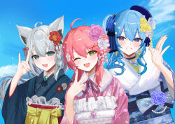  3girls :d ;d absurdres ahoge animal_ears aqua_eyes beret black_choker blue_eyes blue_hair blue_hat blue_kimono blue_ribbon blue_sky braid choker clouds commentary_request double-parted_bangs flower fox_ears fox_girl fox_shadow_puppet frilled_kimono frills fubumicomet_(hololive) fur_shawl green_eyes grey_hair grin hair_between_eyes hair_bun hair_flower hair_ornament hair_ribbon hand_up hat highres hololive hoshimachi_suisei japanese_clothes kimono long_hair looking_at_viewer low_ponytail medium_hair multiple_girls obi one_eye_closed pink_hair pink_kimono ponytail ribbon sakura_miko sakurada_nana sash shawl shirakami_fubuki side_braid side_ponytail side_up_bun sidelocks sky smile star_(symbol) star_in_eye symbol_in_eye tilted_headwear upper_body v virtual_youtuber 