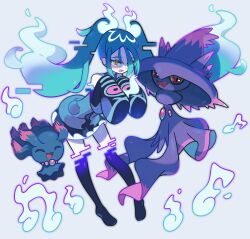 1girl absurdres aqua_hair beamed_eighth_notes commentary_request eighth_note fuinagi_(huyuu_mm) ghost ghost_miku_(project_voltage) glitch grey_shirt hair_over_one_eye hatsune_miku highres long_hair long_sleeves misdreavus mismagius musical_note necktie open_mouth pale_skin pokemon pokemon_(creature) project_voltage see-through_clothes see-through_skirt shirt simple_background skirt sleeves_past_fingers sleeves_past_wrists twintails very_long_hair vocaloid will-o'-the-wisp_(mythology) yellow_eyes 