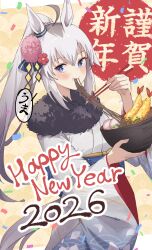  1girl 2026 ahoge animal_ears blue_eyes blush bowl chopsticks closed_mouth commentary_request confetti ear_ornament food food_in_mouth grey_hair grey_kimono grey_tail hair_between_eyes hair_ornament happy_new_year highres holding holding_bowl holding_chopsticks horse_ears horse_girl horse_tail japanese_clothes kimono long_hair long_sleeves looking_at_viewer multicolored_hair noodles oguri_cap_(umamusume) ponytail profnote shrimp shrimp_tempura smile solo tail tempura umamusume umamusume:_cinderella_gray 