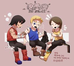  >_o 1girl 2boys 2girls 3boys :d absurdres after_battle applying_bandages bandage_on_face bandaged_arm bandages bandaid bandaid_on_arm bandaid_on_face barefoot black_eyes black_hair black_pants blonde_hair blue_eyes blue_shirt boots brown_hair closed_eyes full_body highres holding holding_jacket holding_unworn_clothes injury invisible_chair jacket korean_text laughing long_hair mii_(nintendo) mii_brawler mii_brawler_(smash_ultimate) mii_gunner mii_gunner_(smash_ultimate) mii_swordfighter mii_swordfighter_(smash_ultimate) miitaku multiple_boys multiple_girls muscular one_eye_closed open_mouth pants red_shirt red_tank_top shirt shoes short_hair single_boot single_shoe sitting sleeveless sleeveless_shirt smile super_smash_bros. surprised sweatdrop tank_top toes twitter_username unworn_boots unworn_clothes unworn_jacket yellow_shirt yellow_tank_top 