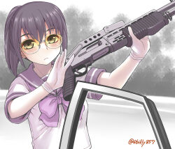  1girl black_hair bow bowtie closed_mouth ebifly folded_stock frown glasses gloves gradient-tinted_eyewear grey_eyes gun highres holding holding_gun holding_weapon looking_at_viewer miami_vice nose_pads original parody ponytail pump_action purple_bow purple_bowtie purple_sailor_collar rimless_eyewear round_eyewear sailor_collar school_uniform serafuku shirt short_sleeves shotgun solo spas-12 tinted_eyewear upper_body weapon white_background white_gloves white_shirt yellow-tinted_eyewear 