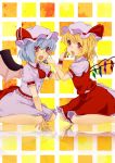  cherry feeding flandre_scarlet food fruit hat holding holding_fruit looking_at_viewer multiple_girls open_mouth reflection remilia_scarlet siblings sisters sitting tarrr touhou wrist_cuffs 