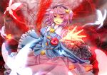  absurdres archienemy butterfly eyeball glowing glowing_eye heart highres iyuuki komeiji_satori magic_circle open_mouth outstretched_hand purple_eyes purple_hair short_hair smile solo touhou violet_eyes 