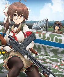 2girls ahoge aircraft airplane anger_vein armband black-framed_eyewear black_hair black_pantyhose black_thighhighs blue_eyes blue_hair blue_sky bow breasts brown_eyes brown_hair brown_helmet brown_jacket brown_sailor_collar brown_skirt camouflage closed_mouth clouds cloudy_sky cockpit commentary_request dark-skinned_female dark_skin day dress flag_print frown glasses gloves goggles goggles_on_head green_eyes gun hair_bow harness helmet highres holding holding_gun holding_weapon jacket japan_air_self-defense_force japan_self-defense_force japanese_flag japanese_flag_print ki-61_hien knee_up large_breasts light_machine_gun long_sleeves looking_at_another looking_at_viewer machine_gun mikeran_(mikelan) miniskirt mountain multiple_girls neckerchief original outdoors pantyhose partial_commentary pleated_dress ponytail red_neckerchief red_sailor_collar round_eyewear sailor_collar school_uniform shirt sitting skirt sky smile sweat sweatdrop tactical_school_uniform thigh-highs trigger_discipline type_99_light_machine_gun weapon white_bow white_gloves white_shirt