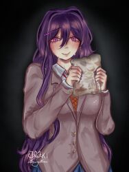  1girl absurdres artist_name black_hair blazer blush breasts collared_shirt commentary doki_doki_literature_club doki_doki_literature_club_school_uniform eyelashes fingernails grey_jacket hair_between_eyes hair_intakes hair_ornament hairclip highres holding holding_paper jacket jukimeowymeow long_hair nail_polish neck_ribbon orange_vest paper purple_hair purple_nails red_ribbon ribbon school_uniform shirt signature smile solo sweat upper_body vest violet_eyes white_shirt yuri_(doki_doki_literature_club) 