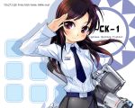  airplane brown_eyes brown_hair bust f-ck-1 girl_arms gun jet long_hair mecha_musume military necktie personification salute skirt solo thigh-highs thighhighs wallpaper weapon zeco 