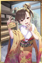  1boy 4girls absurdres ahoge brown_eyes brown_hair cat commentary_request ema floral_print floral_print_kimono flower fur-trimmed_kimono fur_trim grey_cat hair_bun hair_flower hair_ornament hand_to_own_mouth highres holding holding_ema japanese_clothes kimono looking_at_viewer multiple_girls nail_polish new_year obi obijime original pink_nails print_kimono sash short_hair signature single_hair_bun solo_focus temple tokumaro wide_sleeves yellow_kimono 