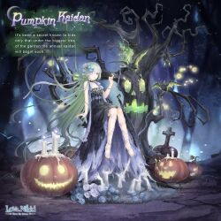  1girl absurdly_long_hair artist_request bandage_over_one_eye bandaged_leg bandages bare_shoulders bare_tree barefoot bat_(animal) black_dress blue_bow blue_dress blue_eyes blue_flower blue_nails blue_rose bow candle character_name copyright_logo disembodied_hand dress english_text fireflies floating_hair flower forest full_body green_hair hair_flower hair_ornament halloween jack-o'-lantern logo long_dress long_hair looking_ahead miracle_nikki nature night nikki_(series) official_art outdoors outstretched_hand pleated_dress pumpkin_kaidan_(miracle_nikki) rose shoulder_bow sitting sleeveless sleeveless_dress solo stitched_arm stitched_foot stitched_neck stitches third-party_source toes tree two-sided_dress two-sided_fabric very_long_hair white_flower white_rose 