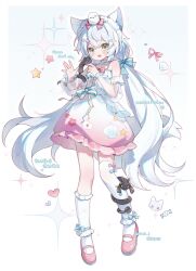 1girl :d absurdres animal_ears artist_name asymmetrical_legwear bare_shoulders bird blue_background blue_bow blue_hair blush border bow bow_legwear bowtie cat_ears cat_girl commission crossed_bangs cyano dated detached_sleeves double-parted_bangs dress frilled_socks frills full_body gradient_clothes gradient_dress green_eyes hair_between_eyes hair_bow hands_up highres kneehighs long_hair long_sleeves looking_at_viewer low_twintails maid_headdress mihuashi_commission open_mouth original outline pink_bow pink_bowtie pink_dress pink_shoes see-through_clothes see-through_sleeves shoes single_kneehigh single_sock single_thighhigh sleeveless sleeveless_dress smile snake socks solo sparkle standing thigh-highs twintails uneven_legwear watermark white_border white_dress white_outline 