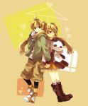  back-to-back blonde_hair boots brother_and_sister casual hair_ornament hairclip hand_holding heart holding_hands hugging_object kagamine_len kagamine_rin object_hug panda scarf shared_scarf short_hair siblings standing stuffed_toy twins vocaloid 