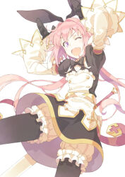  1boy 1girl ;d animal_ear_hairband animal_ears apron arms_up astolfo_(fate) astolfo_(saber)_(fate) astolfo_(saber)_(third_ascension)_(fate) black_dress black_gloves black_pantyhose bloomers buttons commentary_request crossdressing crossdressing_(mtf) dress fake_animal_ears fang fate/grand_order fate_(series) frilled_bloomers gloves gold_buttons hairband juliet_sleeves layered_sleeves long_hair long_sleeves looking_at_viewer low_twintails male_focus official_alternate_costume official_alternate_hairstyle one_eye_closed open_mouth pantyhose pink_hair puffy_sleeves rabbit_ear_hairband rabbit_ears rabbit_pose skin_fang smile solo t-okada trap twintails v-shaped_eyebrows violet_eyes white_apron white_bloomers wide_sleeves 