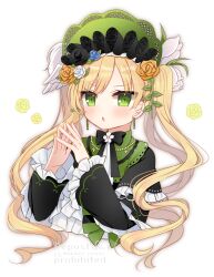  1girl :o black_flower black_rose blonde_hair bonnet commentary_request dithering earrings flower green_bonnet green_eyes hair_flower hair_ornament hands_up highres jewelry lolita_fashion long_hair long_sleeves looking_at_viewer mahou_shoujo_no_majo_saiban neck_ribbon open_mouth ribbon rose shikito_(yawa0w0) solo steepled_fingers tono_hanna twintails upper_body white_background white_flower white_rose yellow_flower yellow_rose 
