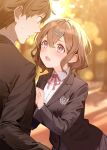  1boy 1girl absurdres bangs black_suit blurry blurry_background blush bob_cut brown_hair eyebrows_visible_through_hair hair_ornament hairpin highres looking_at_another nyum open_mouth original red_eyes red_ribbon ribbon school_uniform short_hair sweatdrop 