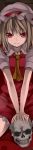  ascot between_thighs blonde_hair blood flandre_scarlet hat light_smile long_image lowres open_mouth red_eyes sitting skull smile solo tall_image thighs touhou unasaka_ryou 