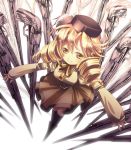  beret blonde_hair boots bow brown_legwear detached_sleeves drill_hair fate/stay_night fate_(series) field_of_blades fingerless_gloves foreshortening from_above gloves gun hair_ornament hairpin hat long_hair magical_girl magical_musket mahou_shoujo_madoka_magica musket perspective pleated_skirt puffy_sleeves ribbon rifle skirt smile solo thigh-highs thighhighs tomoe_mami twintails unlimited_blade_works vertical-striped_legwear vertical_stripes weapon yellow_eyes yyukke zettai_ryouiki 