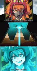  1girl absurdres aircraft airplane animal_ears bomber_jacket commentary dog_tags english_commentary english_text fighter_jet flying fur_trim gold_ship_(umamusume) green_jacket hair_between_eyes helmet highres hinghoi horse_ears horse_girl independence_day_(1996_movie) jacket laser long_hair mayano_top_gun_(scramble_zone)_(umamusume) mayano_top_gun_(umamusume) military_vehicle movie_reference open_clothes open_jacket open_mouth orange_eyes orange_hair oxygen_mask parody pilot pilot_helmet scene_reference spacecraft teeth umamusume 