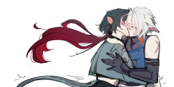  1boy 1girl animal_ears black_gloves black_hair cat_boy cat_ears cat_tail colored_inner_hair commentary couple cowboy_shot english_commentary gloves hetero jane_doe_(zenless_zone_zero) kiss mouse_ears mouse_girl mouse_tail multicolored_hair noshitexox scar scar_on_arm seth_lowell simple_background tail white_background white_hair zenless_zone_zero 